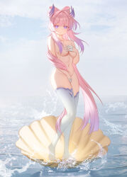 Rule 34 | 1girl, blue sky, bow-shaped hair, breasts, cleavage, collarbone, covering privates, covering breasts, day, fine art parody, genshin impact, gloves, gradient hair, groin, hair intakes, highres, long hair, looking at viewer, medium breasts, multicolored hair, navel, nude, ocean, outdoors, parody, pink hair, purple eyes, purple hair, sangonomiya kokomi, shell, sky, solo, stomach, symbolism, the birth of venus, thighhighs, thighs, toes, two-tone hair, very long hair, water, white gloves, white thighhighs, yonic symbol, zzo (chorizzzzo)
