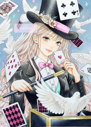 Rule 34 | 1girl, aoinoe, artist name, bird, black jacket, blonde hair, blue eyes, bow, bowtie, box, card, dove, hat, highres, holding, holding baton, holding card, jacket, long hair, looking at viewer, marker (medium), original, pink bow, pink bowtie, playing card, shirt, solo, top hat, traditional media, upper body, watermark, white shirt