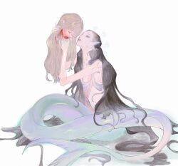 Rule 34 | 2girls, black hair, blonde hair, blood, blood on hands, death, finger in another&#039;s mouth, fins, gills, highres, long hair, mermaid, monster girl, multiple girls, opood, original, severed head, tagme, very long hair, white background