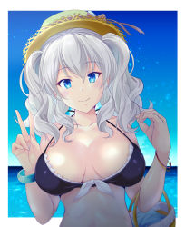 Rule 34 | 1girl, alternate costume, bikini, black bikini, blue eyes, breasts, front-tie bikini top, front-tie top, grey hair, hat, kantai collection, kashima (kancolle), large breasts, looking at viewer, map (blue catty), sidelocks, smile, solo, straw hat, sun hat, swimsuit, twintails, upper body, wavy hair