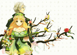 Rule 34 | 1boy, 1girl, 38kb (38shiki), age difference, atelier (series), atelier ayesha, ayesha altugle, back-to-back, blonde hair, blush, bow, branch, dress, facial hair, flower, glasses, gloves, green skirt, grey hair, hair bow, hair flower, hair ornament, hand grab, hat, holding hands, keithgrif hazeldine, long hair, looking back, mustache, profile, red flower, red rose, ribbon, rose, skirt, smile, waist bow, yellow eyes