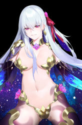 Rule 34 | 1girl, armlet, armor, bikini armor, black background, breasts, cleavage, collar, collarbone, earrings, fate/grand order, fate (series), flower, hair between eyes, hair flower, hair ornament, hair ribbon, highres, jewelry, kama (fate), kama (third ascension) (fate), large breasts, long hair, looking at viewer, lotus, metal collar, narcolepsy-1900, navel, parted lips, pink eyes, red ribbon, ribbon, silver hair, simple background, smile, solo, space, star (sky), thighlet, thighs