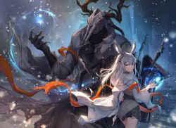 Rule 34 | 1boy, 1girl, animal ears, arknights, armband, armor, augetsix, chinese commentary, claws, coat, commentary request, demon horns, dress, facing away, father and daughter, frostnova (arknights), grey dress, grey eyes, grey hair, hair ornament, hair over one eye, hairclip, highres, horns, looking at viewer, looking back, mask, open clothes, open coat, original, patriot (arknights), rabbit ears, scar, scar on face, scar on nose, shield, snow, snowflakes, white coat, x hair ornament
