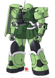 Rule 34 | clenched hands, dated, gundam, highres, looking to the side, mecha, mobile suit, mobile suit gundam, no humans, one-eyed, pink eyes, pravin rao santheran, redesign, robot, shoulder spikes, solo, spikes, standing, zaku ii, zeon