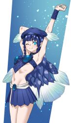 Rule 34 | 1girl, ;), absurdres, arm behind head, armpits, arms up, bare shoulders, blue eyes, blue hair, blue shirt, blue skirt, blunt bangs, blush, braid, braided sidelock, coelacanth (kemono friends), commentary, fins, fish girl, fish tail, hairband, head fins, highres, kemono friends, long hair, looking at viewer, midriff, navel, one eye closed, pleated skirt, shirt, sidelocks, skirt, smile, solo, stretching, tail, tanabe (fueisei), twin braids, wristband