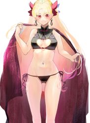 Rule 34 | 1girl, adapted costume, bikini, black sarong, blonde hair, blush, bow, breasts, closed mouth, commentary, cowboy shot, earrings, ereshkigal (fate), ereshkigal (youming niangniang) (fate), fate/grand order, fate (series), hair bow, highres, iris (tb33064667), jewelry, long hair, looking at viewer, medium breasts, navel, parted bangs, red bow, red eyes, sarong, side-tie bikini bottom, smile, solo, sweatdrop, swimsuit, two side up, very long hair