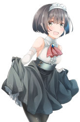 Rule 34 | 1girl, :d, ascot, bare shoulders, black pantyhose, black skirt, blouse, blush, bob cut, breasts, brooch, brown eyes, brown hair, center frills, collared shirt, comah, elbow gloves, frills, gloves, hair between eyes, highres, jewelry, maid headdress, open mouth, original, pantyhose, pleated skirt, red ascot, shirt, short hair, simple background, skirt, skirt hold, sleeveless, sleeveless shirt, small breasts, smile, solo, teeth, upper teeth only, white background, white gloves, white shirt