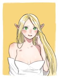 Rule 34 | 1girl, arm at side, bare shoulders, bite mark, bite mark on neck, blonde hair, blush, breasts, co1fee, commentary, cosplay, detached sleeves, dungeon meshi, ear blush, elf, falin touden, falin touden (cosplay), green eyes, hand in own hair, hand up, highres, long hair, looking at viewer, marcille donato, medium breasts, outside border, pointy ears, simple background, smile, solo, upper body, yellow background