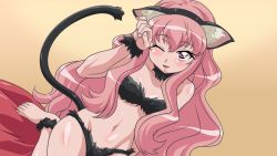 Rule 34 | 1girl, animal ears, cat ears, cat tail, highres, long hair, louise francoise le blanc de la valliere, one eye closed, pink hair, revision, solo, tail, vector trace, very long hair, zero no tsukaima