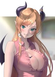 Rule 34 | 1girl, bare shoulders, black horns, black wings, blonde hair, blue eyes, blush, breast tattoo, breasts, cleavage, collared shirt, commentary, demon girl, demon horns, demon wings, frilled shirt, frills, grin, highres, hololive, horn ornament, horn ring, horns, large breasts, long hair, looking at viewer, mechjunk, pink shirt, pointy ears, shirt, single sidelock, sleeveless, sleeveless shirt, smile, solo, swept bangs, tattoo, upper body, very long hair, virtual youtuber, winged heart, wings, yuzuki choco, yuzuki choco (1st costume)
