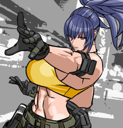 Rule 34 | 1girl, abs, armlet, belt, blue eyes, blue hair, breasts, earrings, gloves, highres, jewelry, leona heidern, muscular, muscular female, ponytail, pouch, shunobon, sleeveless, solo, tank top, the king of fighters, the king of fighters xv, yellow tank top