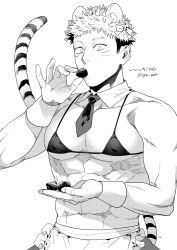 Rule 34 | 1boy, abs, animal ears, apron, bara, bra, ccccc (jpn m0), covered erect nipples, detached collar, facial mark, food, frilled apron, frills, fruit, greyscale, highres, holding, holding food, itadori yuuji, jujutsu kaisen, large pectorals, looking at viewer, male focus, monochrome, muscular, muscular male, necktie, pectorals, short hair, simple background, solo, strawberry, tail, tiger boy, tiger ears, tiger tail, translation request, twitter username, underwear, waist apron