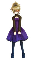 Rule 34 | 00s, 1girl, alternate hair color, blonde hair, brown eyes, cleavage cutout, clothing cutout, darker than black, dress, full body, kara (color), long sleeves, looking at viewer, ponytail, purple dress, purple skirt, shaded face, skirt, solo, standing, thighhighs, yin (darker than black)