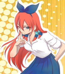 Rule 34 | 1girl, finger to mouth, green eyes, hair ribbon, hand in pocket, highres, inazuma eleven, inazuma eleven (series), inazuma eleven go, long hair, one eye closed, raccco, red hair, ribbon, school uniform, seto midori, sleeves rolled up, solo, wink