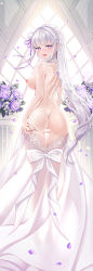 Rule 34 | 1girl, :d, alternate costume, ass, bar censor, bare shoulders, blush, bow, braid, breasts, censored, clothes pull, dress, dress pull, emilia (re:zero), flower, from behind, hair ornament, hair ribbon, hand on own ass, hand up, indoors, jiushi shijiu, large breasts, long hair, looking at viewer, looking back, medium breasts, nipples, open mouth, petals, pointy ears, purple flower, purple ribbon, pussy, re:zero kara hajimeru isekai seikatsu, ribbon, silver hair, sleeveless, sleeveless dress, smile, solo, standing, strapless, strapless dress, wedding, wedding dress, white bow, white dress, x hair ornament