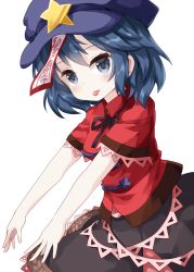 Rule 34 | 1girl, black ribbon, black skirt, blue eyes, blue hair, cabbie hat, collared shirt, cowboy shot, hat, highres, jiangshi, looking at viewer, miyako yoshika, neck ribbon, ofuda, ofuda on clothes, outstretched arms, purple hat, red shirt, ribbon, ruu (tksymkw), shirt, short hair, short sleeves, simple background, skirt, solo, standing, star (symbol), tongue, tongue out, touhou, white background, zombie pose