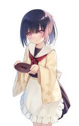 Rule 34 | 1girl, apron, black hair, commentary, highres, holding, holding tray, japanese clothes, leaf print, looking at viewer, na-ga, neckerchief, ochazuke (food), original, parted lips, pink eyes, red neckerchief, sailor collar, short hair, simple background, skirt, solo, tray, tsurime, white apron, white background, white sailor collar, wide sleeves