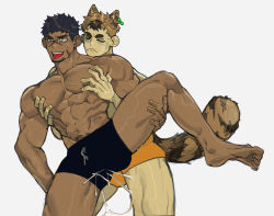 Rule 34 | &gt; &lt;, 2boys, abs, animal ears, bad id, bad twitter id, bara, black male underwear, bulge, bulge to ass, clothed sex, cross scar, cum, cum in clothes, dark-skinned male, dark skin, dry humping, ejaculation, facial hair, facial scar, goatee, grabbing, green eyes, highres, humping, interracial, large pectorals, male focus, male underwear, multiple boys, muscular, muscular male, navel, nipple piercing, nipples, orange male underwear, original, pectoral grab, pectorals, piercing, raccoon boy, raccoon ears, raccoon tail, scar, scar on cheek, scar on face, short hair, sideburns, spread legs, stomach, tail, thick eyebrows, thick thighs, thighs, topless male, underwear, uza (hellme), white background, yaoi