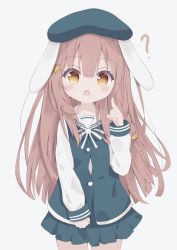Rule 34 | 1girl, :o, ?, absurdres, blush, brown eyes, brown hair, buttons, chabashira ribbon, child, clenched hand, collar, cowboy shot, fang, green headwear, green vest, hair between eyes, hair ornament, hand up, highres, long hair, long sleeves, looking at viewer, multicolored bowtie, open mouth, original, pleated skirt, pointing, pointing up, shirt, simple background, skirt, sleeve cuffs, solo, star (symbol), star hair ornament, vest, white background, white collar, white shirt, wide-eyed