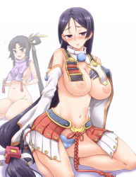 Rule 34 | 2girls, armor, black hair, blue panties, blush, breast suppress, breasts, cameltoe, cleavage, cosplay, costume switch, detached sleeves, fate/grand order, fate (series), feather hair ornament, feathers, flying sweatdrops, gloves, hair ornament, japanese armor, japanese clothes, kusazuri, large breasts, long hair, looking at viewer, low-tied long hair, medium breasts, minamoto no raikou (fate), multiple girls, navel, nipples, nose blush, open mouth, panties, parted lips, pom pom (clothes), purple eyes, purple hair, revealing clothes, seiza, shadow, side ponytail, sideboob, sitting, socks, tassel, undersized clothes, underwear, ushiwakamaru (fate), very long hair, white legwear, yoshi tama