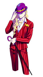 Rule 34 | 10s, 1boy, adjusting clothes, adjusting headwear, alternate costume, blonde hair, cane, chain, chain, formal, gold chain, green eyes, hanamura shoma, hat, idolmaster, idolmaster side-m, long hair, looking at viewer, male focus, parted lips, pinstripe pattern, solo, striped, suit, white background, youhe hino
