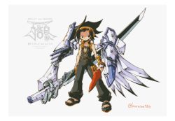 Rule 34 | 1boy, asakura yoh, brown eyes, brown hair, extra arms, grey background, headband, holding, holding knife, holding sword, holding weapon, knife, kuruton486, looking to the side, male focus, mecha danshi, sandals, shaman king, simple background, solo, sword, text background, weapon, white background