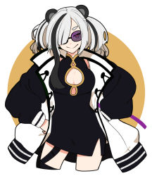 Rule 34 | &gt;:), 1girl, 2020, animal ears, arknights, black hair, breasts, china dress, chinese clothes, cleavage cutout, clothing cutout, cropped legs, dress, feater (arknights), grey hair, hair over one eye, hands on own hips, highres, holster, jacket, large breasts, letterman jacket, long hair, looking at viewer, mandarin collar, medium breasts, multicolored hair, multicolored jacket, nagidori, open clothes, open jacket, oversized clothes, panda ears, popped collar, purple-tinted eyewear, purple-tinted glasses, short dress, short eyebrows, side slit, simple background, smug, solo, split mouth, streaked hair, sunglasses, thick eyebrows, thigh holster, thigh strap, tinted eyewear, two-tone dress, two-tone hair, two-tone jacket, white background