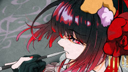 Rule 34 | 1girl, animal ear fluff, animal ears, black gloves, black hair, blunt bangs, commentary, dog ears, fate/grand order, fate (series), flower, gloves, gradient hair, grey background, hair flower, hair ornament, half-closed eyes, highres, holding, japanese clothes, kamitsure, kanzashi, kiseru, kyokutei bakin (fate), kyokutei bakin (second ascension) (fate), looking at viewer, multicolored hair, nail polish, paper texture, partially fingerless gloves, portrait, profile, red eyes, red flower, red hair, red nails, sidelocks, smoke, smoking, smoking pipe, solo