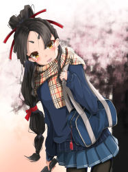 Rule 34 | 1girl, alternate costume, bag, black hair, black legwear, blue jacket, blue skirt, brown eyes, casual, commentary request, folding fan, hand fan, high ponytail, holding, holding fan, jacket, kantai collection, leaning to the side, long hair, long sleeves, looking at viewer, low-tied long hair, momin, multi-tied hair, nisshin (kancolle), open mouth, outdoors, plaid, plaid scarf, pleated skirt, scarf, school bag, short eyebrows, shoulder bag, skirt, solo, thick eyebrows, very long hair