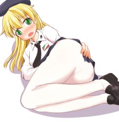 Rule 34 | 10s, 1girl, ass, beret, blonde hair, blush, breasts, carpaccio (girls und panzer), cst (cocost), girls und panzer, hand on ass, hat, highres, long hair, looking at viewer, lying, on side, open mouth, panties, panties under pantyhose, pantyhose, school uniform, skirt, solo, underwear, upskirt, white pantyhose