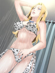 Rule 34 | 1girl, arms up, bare shoulders, bathroom, bikini, blonde hair, blue eyes, blush, breasts, cross, cross necklace, large breasts, legs, long hair, looking away, nightmare express, open mouth, shower, solo, standing, swimsuit, thighs, water, wet