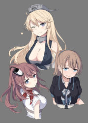 Rule 34 | 3girls, :d, bad id, bad pixiv id, bare shoulders, blonde hair, blue eyes, breasts, brown hair, cleavage, cnm, collarbone, dress, front-tie top, grey background, hair between eyes, highres, intrepid (kancolle), iowa (kancolle), kantai collection, large breasts, long hair, multiple girls, one eye closed, open mouth, parted lips, ponytail, saratoga (kancolle), short hair, short sleeves, side ponytail, simple background, smile, star-shaped pupils, star (symbol), symbol-shaped pupils, white dress
