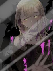 Rule 34 | 1girl, :o, akitama2727, bare shoulders, blonde hair, blood, braid, briar rose (sinoalice), grey background, highres, long sleeves, looking at viewer, nightgown, open mouth, pajamas, pink blood, short hair, simple background, sinoalice, solo, thorns, touchscreen, yellow eyes