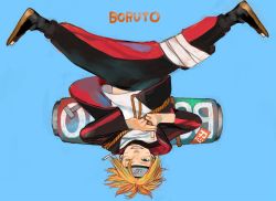Rule 34 | 1boy, absurdres, bandages, bandaged leg, bandages, blonde hair, blue background, blue eyes, boruto: naruto the movie, character name, facial mark, forehead protector, full body, highres, jacket, junjunforever, konohagakure symbol, legs apart, long sleeves, looking at viewer, male focus, naruto, naruto (series), one eye closed, pants, rope, scroll, shirt, simple background, solo, spiked hair, t-shirt, toeless legwear, toes, upside-down, upskirt, uzumaki boruto, whisker markings, whiskers