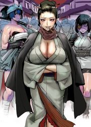 Rule 34 | 6+girls, black eyes, black hair, breasts, cleavage, coat, coat on shoulders, commentary request, crossed arms, eyepatch, eyeshadow, faceless, faceless female, hair ornament, hands in opposite sleeves, headband, holding, holding sword, holding weapon, ichiren takushou, japanese clothes, kimono, large breasts, looking at viewer, makeup, mole, mole under mouth, multiple girls, obi, open mouth, original, pipe in mouth, purple lips, red eyes, sarashi, sash, scar, scar across eye, short hair, small breasts, smile, smoking pipe, standing, swept bangs, sword, weapon, yakuza, yellow eyes