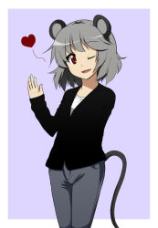 Rule 34 | 1girl, alternate costume, animal ears, casual, chipa (arutana), contemporary, female focus, grey hair, heart, mouse ears, mouse tail, nazrin, one eye closed, red eyes, short hair, solo, tail, touhou, wink