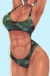 Rule 34 | 1girl, abs, alex (nobodybutalex), armpits, arms up, black hair, blue background, breasts, camouflage, choker, cleavage, clothing cutout, collarbone, green one-piece swimsuit, head out of frame, highres, large breasts, legs together, lips, lipstick, makeup, midriff, muscular, muscular female, navel, navel cutout, one-piece swimsuit, original, short hair, simone (nobodybutalex), solo, standing, stomach, stomach cutout, strap gap, swimsuit, thighs