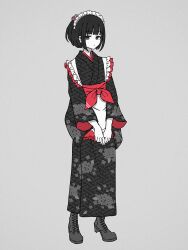 Rule 34 | 1girl, amemori sayo, apron, black eyes, black footwear, black hair, black kimono, boots, closed mouth, colored skin, cross-laced footwear, expressionless, floral print, frilled apron, frills, full body, grey background, highres, japanese clothes, kimono, kojitsunagi (pattern), lace-up boots, limited palette, long bangs, long sleeves, looking at viewer, maid, maid headdress, nijisanji, nkymyura, obi, own hands together, print kimono, sash, short hair, simple background, solo, virtual youtuber, wa maid, white apron, white skin, wide sleeves
