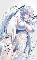 Rule 34 | 1girl, bodysuit, breasts, cinderella (nikke), cleavage, cleavage cutout, clothing cutout, goddess of victory: nikke, hair over one eye, highres, kazam fm, large breasts, long hair, looking at viewer, navel, red eyes, see-through, see-through shirt, simple background, smug, solo, stomach, stomach cutout, thighs, twintails, white background, white bodysuit, white hair