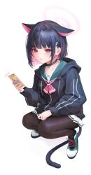 Rule 34 | 1girl, absurdres, animal ears, black choker, black hair, black hoodie, black pantyhose, blue archive, cat ears, cat girl, cat tail, choker, dora (garyeong), green sailor collar, grey skirt, hair ornament, hairclip, halo, highres, holding, holding phone, hood, hoodie, kazusa (blue archive), long sleeves, looking at viewer, medium hair, pantyhose, phone, pleated skirt, puffy sleeves, red eyes, sailor collar, sidelocks, simple background, skirt, solo, squatting, tail, white background