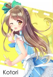 Rule 34 | 10s, 1girl, ;d, bad id, blush, brown eyes, brown hair, character name, finger to mouth, from behind, hair ribbon, highres, index finger raised, korekara no someday, long hair, looking back, love live!, love live! school idol project, minami kotori, one eye closed, open mouth, ribbon, smile, solo, yatsuki yura, zoom layer