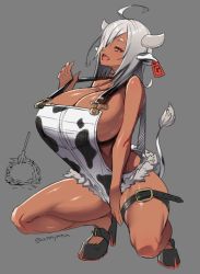 Rule 34 | 1girl, ahoge, amamiya (abaros), animal ears, animal print, blush, breasts, cleavage, cow ears, cow girl, cow horns, cow print, cow tail, dark-skinned female, dark skin, ear tag, fingernails, grey background, hair over one eye, high heels, highres, horns, huge breasts, long fingernails, long hair, looking at viewer, naked overalls, open mouth, original, overalls, revealing clothes, simple background, smile, solo, squatting, strap pull, suspenders, tail, white hair, yellow eyes