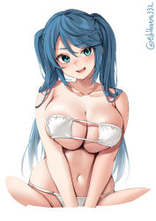 Rule 34 | 1girl, alternate costume, bikini, blue eyes, blue hair, blush, breasts, cleavage, crossed legs, ebifurya, eyepatch bikini, highres, isuzu (kancolle), kantai collection, large breasts, long hair, looking at viewer, navel, one-hour drawing challenge, open mouth, simple background, smile, solo, swimsuit, twitter username, two side up, very long hair, white background