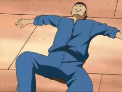Rule 34 | 00s, 1boy, animated, animated gif, ball busting, bdsm, black hair, blue jumpsuit, bonta-kun, cbt, clenched teeth, closed eyes, cowboy shot, crotch kick, crotch stomping, feet, full metal panic!, head back, jumpsuit, long sleeves, lying, male focus, on back, on ground, overalls, pain, screencap, solo, speed lines, stomping, teeth