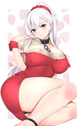 Rule 34 | 1girl, azur lane, beige shirt, belfast (azur lane), belfast (piping-hot perfection) (azur lane), black panties, braid, breasts, broken, broken chain, chain, chain, cleavage, dress, feet out of frame, french braid, hair ornament, hair scrunchie, heart, heart background, highres, large breasts, long hair, looking at viewer, low neckline, official alternate costume, panties, pinku pansaa, purple eyes, red dress, red scrunchie, scrunchie, signature, simple background, taut clothes, taut dress, thighs, underwear, waitress, white background, white hair, wrist cuffs