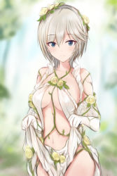 Rule 34 | 1girl, anastasia (idolmaster), bare shoulders, blue eyes, blurry, blurry background, breasts, cleavage, clothes lift, collarbone, dress, dress lift, elbow gloves, flower, gloves, hair between eyes, hair flower, hair ornament, idolmaster, idolmaster cinderella girls, lifted by self, light blush, looking at viewer, medium breasts, nannacy7, navel, outdoors, plant, short hair, sleeveless, sleeveless dress, smile, solo, underboob, vines, white dress, white hair, yellow flower