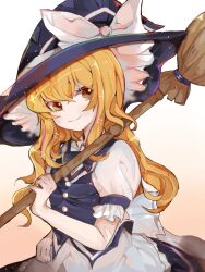 Rule 34 | 1girl, apron, black hat, black skirt, black vest, blonde hair, bow, broom, closed mouth, hat, hat bow, highres, holding, holding broom, kirisame marisa, long hair, rogichange, short sleeves, skirt, smile, solo, touhou, vest, waist apron, white apron, white bow, witch hat, yellow eyes