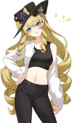 Rule 34 | 1girl, absurdres, alternate costume, black hat, black pants, blonde hair, blue eyes, breasts, commentary request, cowboy shot, crop top, drill hair, drill sidelocks, genshin impact, hand on own hip, hat, head tilt, highres, jacket, lao xi, leggings, long hair, looking at viewer, midriff, navel, navia (genshin impact), open clothes, open jacket, open mouth, pants, sidelocks, simple background, single bare shoulder, small breasts, solo, sports bra, standing, stomach, very long hair, white background, white jacket