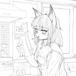 Rule 34 | 1girl, absurdres, animal ears, breast pocket, breasts, buttons, character request, cigarette, fox ears, greyscale, highres, holding, indoors, iron, ironing, lighting cigarette, long sleeves, monochrome, original, pocket, powerdman, slit pupils, smoking, sticky note, stove, window