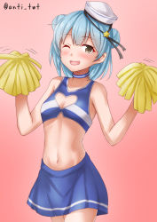 Rule 34 | 1girl, alternate costume, anti (untea9), blue hair, blue skirt, blush, brown eyes, cheering, cheerleader, collarbone, cowboy shot, dixie cup hat, double bun, hair bun, hat, highres, holding, holding pom poms, kantai collection, military hat, motion lines, navel, one eye closed, open mouth, pleated skirt, pom pom (cheerleading), pom poms, samuel b. roberts (kancolle), short hair, skirt, smile, solo, twitter username, white hat